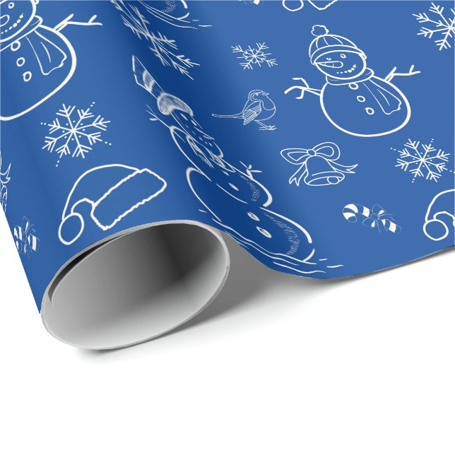 Papel De Presente Snowman Engraçado Azul e Branco (Ponta do rolo)