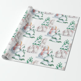 Papel De Presente Snowman Rabbits Árvores Neve Aquarela Natal