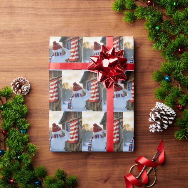 Papel De Presente Snowman Saluting an American Flag (Presente de Natal)