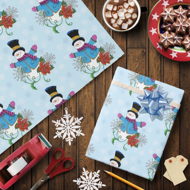 Papel De Presente Snowman Snowflakes Poinsettia (Criador carregado)