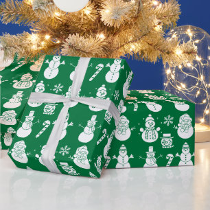 Papel De Presente Snowman Stars Green Xmas Brito Retro Vintage