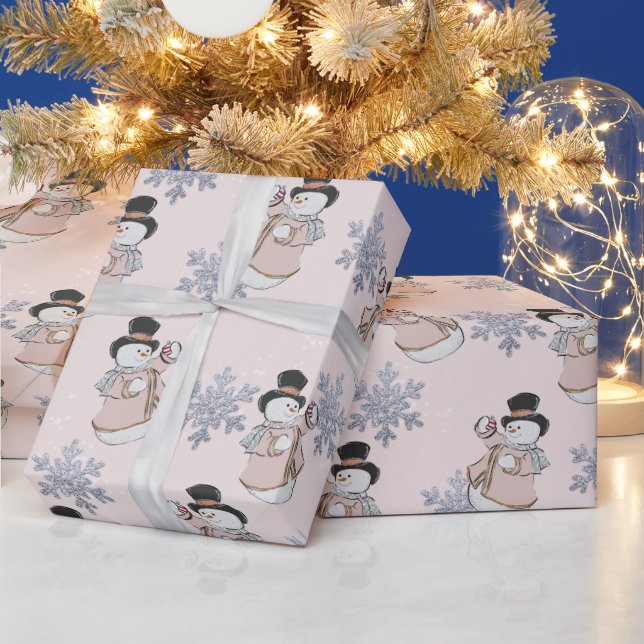Papel De Presente Snowmen e Silver Snowflake Champagne Natal (Feriados)
