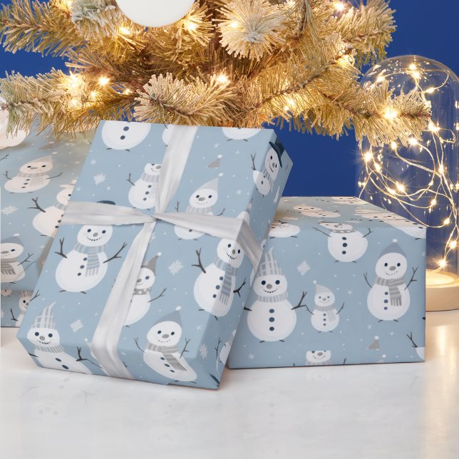 Papel De Presente Snowmen Snowflakes Blue Modern Christmas (Feriados)