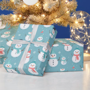 Papel De Presente Snowmen Snowflakes Blue Modern Christmas