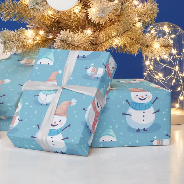 Papel De Presente Snowmen Snowflakes Blue Modern Christmas (Feriados)