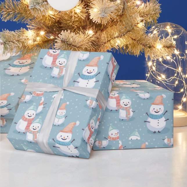 Papel De Presente Snowmen Snowflakes Blue Modern Christmas (Feriados)