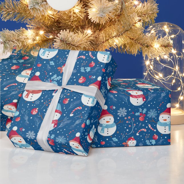 Papel De Presente Snowmen Snowflakes Candy Canas Azul Natal (Feriados)