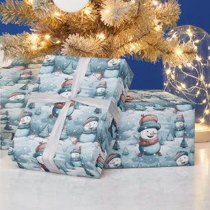Papel De Presente Snowmen Snowy Field Trees Ice Azul Natal
