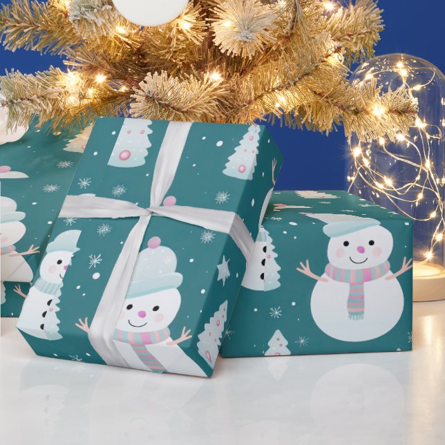 Papel De Presente Snowmen Trees Snowflakes Natal Moderno (Feriados)
