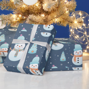 Papel De Presente Snowmen Trees Snowflakes Natal Moderno