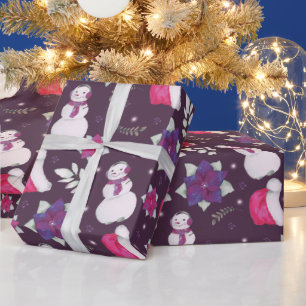 Papel De Presente Snowmen Winter Greenerple Purple Natal Moderno