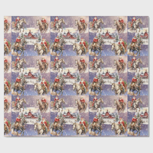 Papel De Presente SnowWestern Christmas Horseback Santas, Red Barn