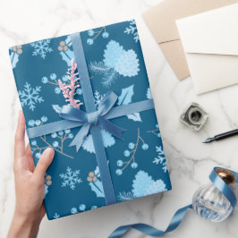 Papel De Presente Snowy Pastel Blue Snowflakes Pinecones Mistletoe