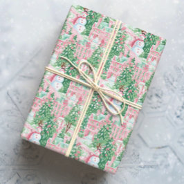 Papel De Presente Snowy Pink e Cidade de Natal Verde