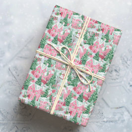 Papel De Presente Snowy Pink e Cidade de Natal Verde