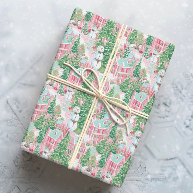 Papel De Presente Snowy Pink e Cidade de Natal Verde (Criador carregado)