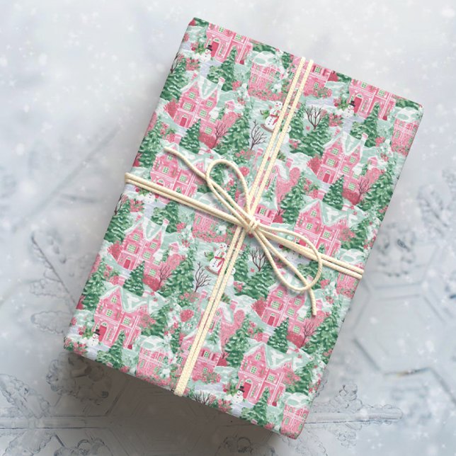 Papel De Presente Snowy Pink e Cidade de Natal Verde (Criador carregado)