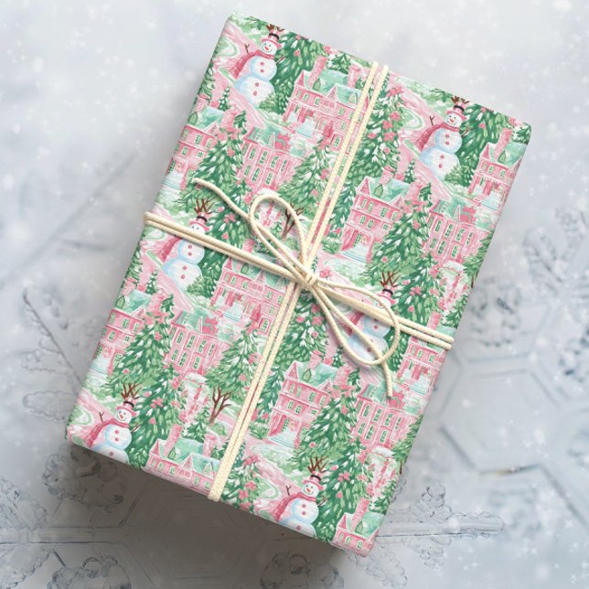 Papel De Presente Snowy Pink e Cidade de Natal Verde (Criador carregado)