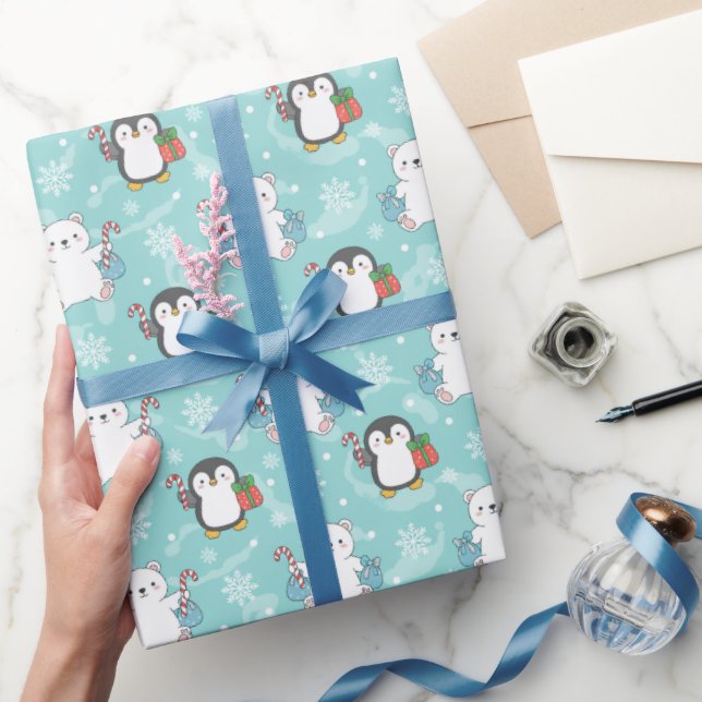 Papel De Presente Snowy Polar Bears & Penguins Wrapping Paper | Cute (Presentear)