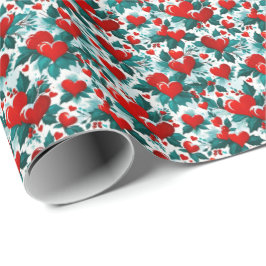 Papel De Presente Snowy Red Christmas Hearts and Holly