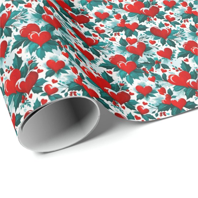 Papel De Presente Snowy Red Christmas Hearts and Holly (Ponta do rolo)
