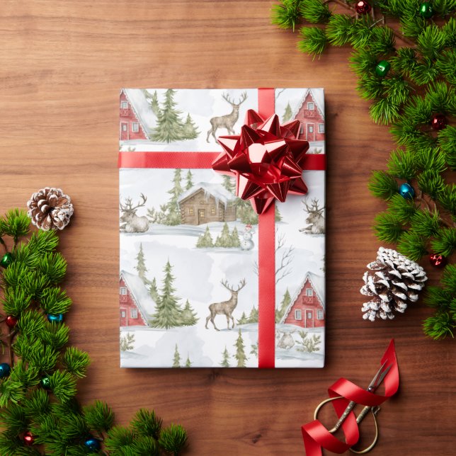 Papel De Presente Snowy Winter Cabin | Animais florestais (Presente de Natal)