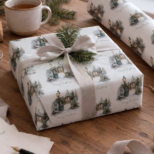 Papel De Presente Snowy Winter Scene Watercolor Village