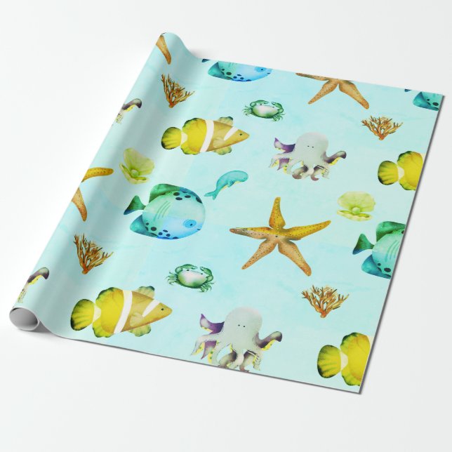 Papel De Presente Sob as Criaturas de Cuta do Mar (Desenrolado)