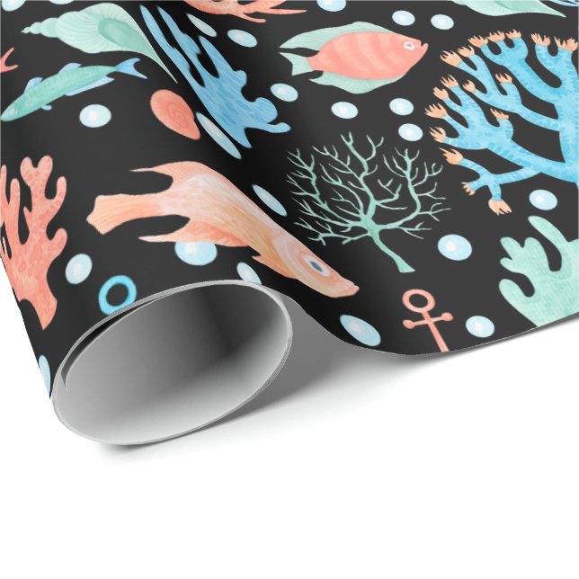 Papel De Presente Sob o Mar Anjo de Peixes Anchor Náutico (Ponta do rolo)