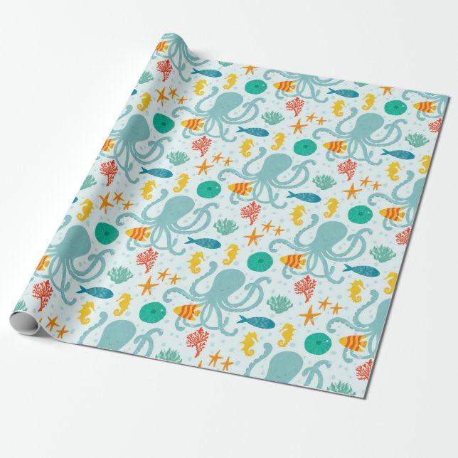 Papel De Presente Sob o mar Octopus e Peixes (Desenrolado)
