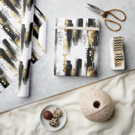 Papel De Presente Sofisticado Chic Preto e Dourado Traço Abstrato