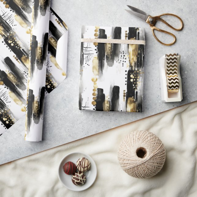 Papel De Presente Sofisticado Chic Preto e Dourado Traço Abstrato (Artesanato)