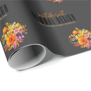 Papel De Presente Sofisticado Design Floral Flores Laranja Preta