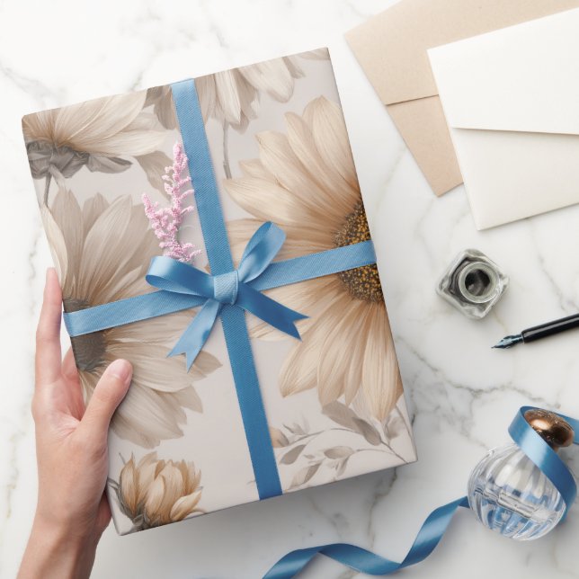Papel De Presente Soft Neutral Sunflower Cream Floral Pattern (Presentear)
