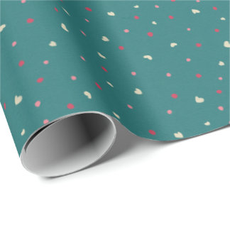 Papel De Presente Soft Red & Green Polka Dots with Golden Hearts