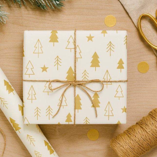 Papel De Presente Soft Winter Trees Wrapping Paper (Ivory tones with taupe pines and soft stars for calm winter packaging)