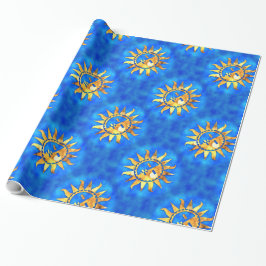 Papel De Presente Sóis Dourados na água azul