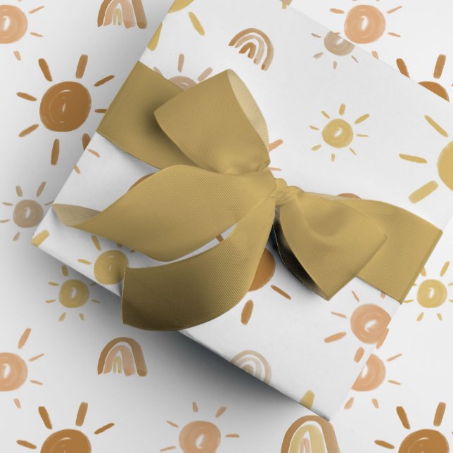 Papel De Presente Sol boêmico e arco-íris em amarelo (Golden yellow watercolor sunshines and rainbows gift wrapping paper.)