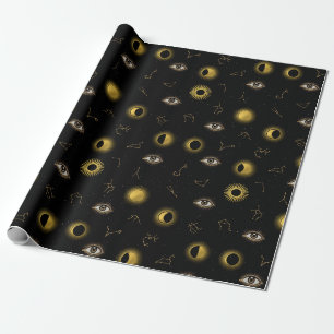 Papel De Presente Sol Celestial Dourado Negro e Lua