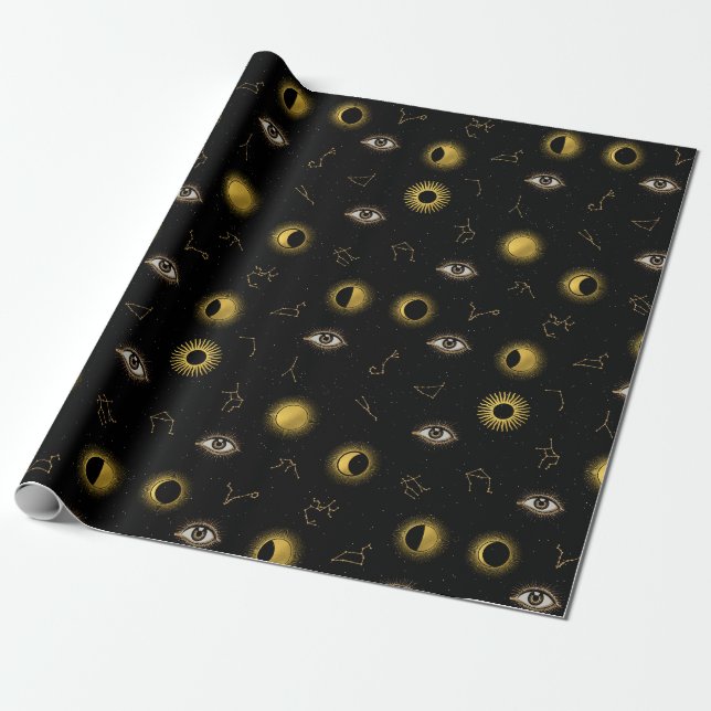 Papel De Presente Sol Celestial Dourado Negro e Lua (Desenrolado)