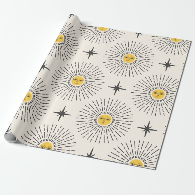 Papel De Presente Sol com Padrão Celestial de Rosto Sem Costura (Desenrolado)