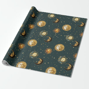 Papel De Presente Sol Dourado Celestial Lua Estrelas Azul Meia-Noite
