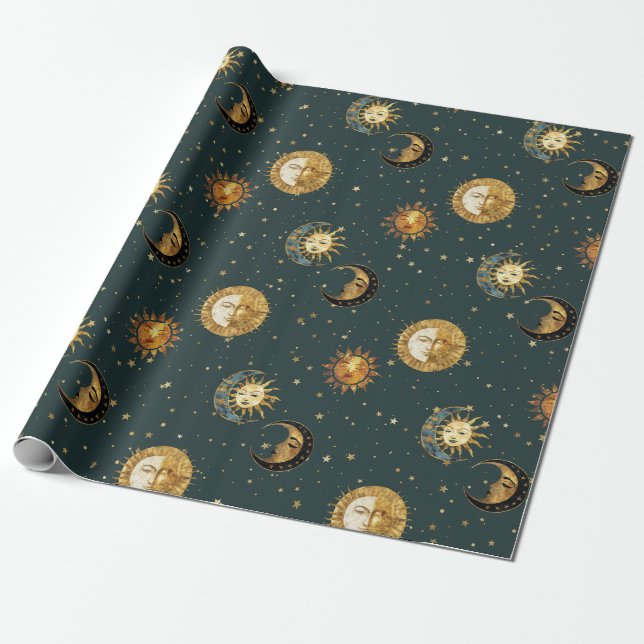 Papel De Presente Sol Dourado Celestial Lua Estrelas Azul Meia-Noite (Desenrolado)