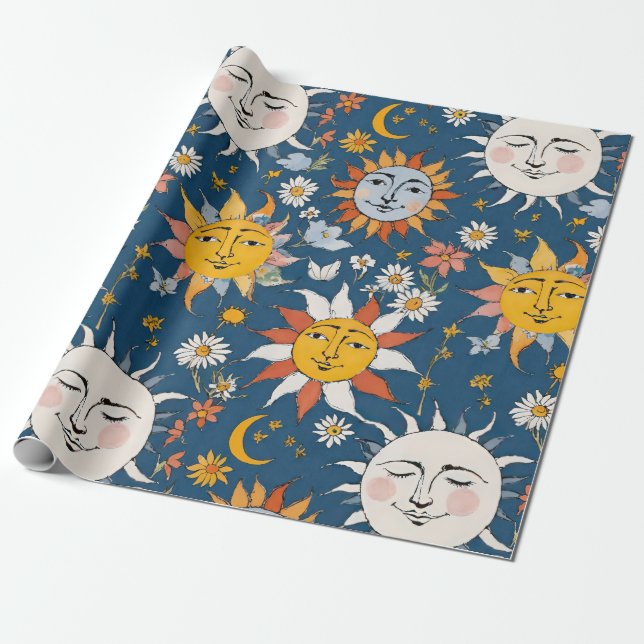 Papel De Presente Sol e Lua Floral em Azuis e Amarelos (Desenrolado)