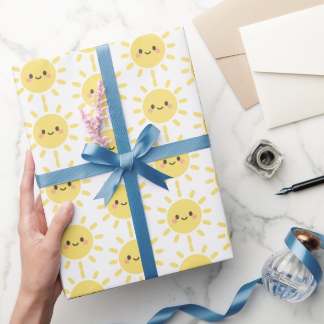 Papel De Presente Sol Feliz Amarelo com Rosto Sorridente  (Presentear)