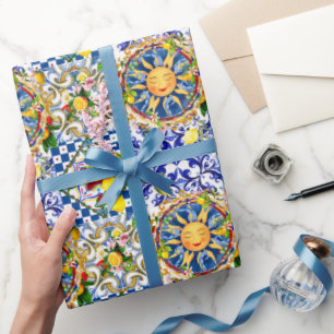 Papel De Presente Sol siciliano,limão,azulejos mediterrâneos