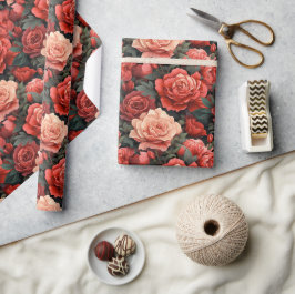Papel De Presente Sombras Românticas de Rosas Vermelhos e Salmões