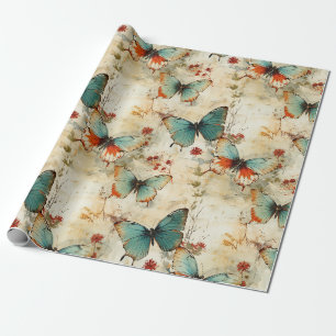 Papel De Presente Sonho Casa de Jardim Floral Borboleta Azul