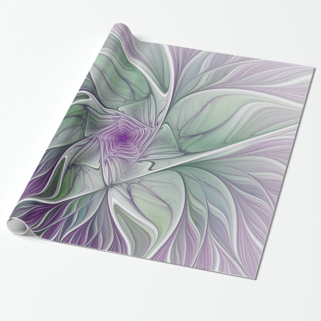 Papel De Presente Sonho de Flor, Arte Fractal Verde Abstrato púrpura (Desenrolado)