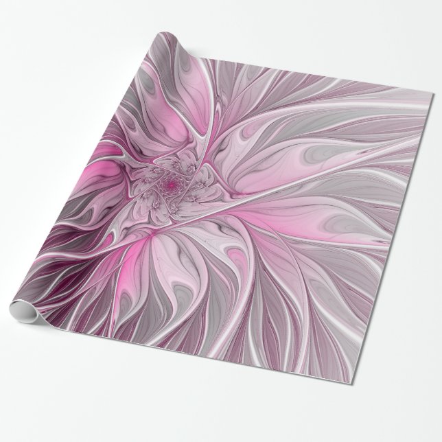 Papel De Presente Sonho de Flor Rosa Fractal, Padrão de Fantasia Flo (Desenrolado)